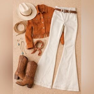 Cream Flare Jeans Panel Seam Boho Y2K Bell Bottom Denim Hippie Festival Sz 1/24